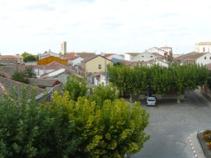 Vista de Coca desde la muralla: el castillo aparece a la izquierda, la torre de San Nicolás al fondo y Santa María la Mayor a la derecha.