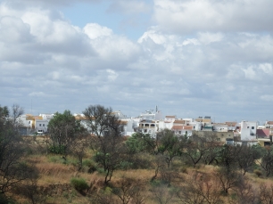 El caserío de Lucena del Puerto visto desde su entorno, con el terreno y la vegetación en primer plano. El paisaje municipal reúne las huellas de una larga historia de ocupación y aprovechamiento agrícola.