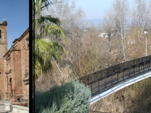 La iglesia y la pasarela de Villanueva de la Reina junto al Guadalquivir, en el paisaje del antiguo cruce entre ambas orillas.