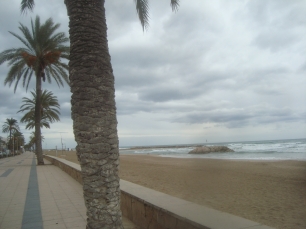 La playa de Cunit junto al paseo marítimo, con las estructuras de protección que contribuyen a definir su perfil costero.