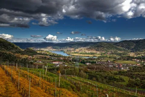 El Miño desde Louredo, en Cortegada: el paisaje de ribera enmarca la historia de los manantiales y los baños.