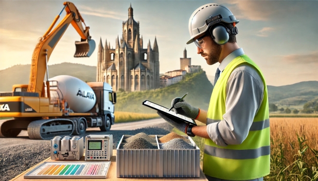 Hombre con casco y chaleco reflejando en un sitio de construcción, tomando notas.