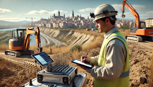 Hombre con casco y chaleco, tomando notas frente a maquinaria en una obra. Ciudad al fondo.