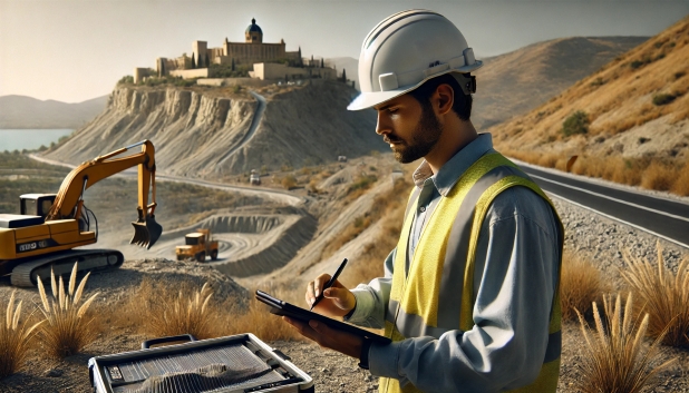 Hombre con casco y chaleco de seguridad tomando notas en un sitio de construcción.