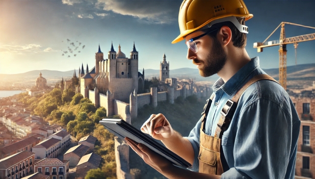 Hombre con casco de construcción, tomando notas frente a un paisaje urbano y un castillo.