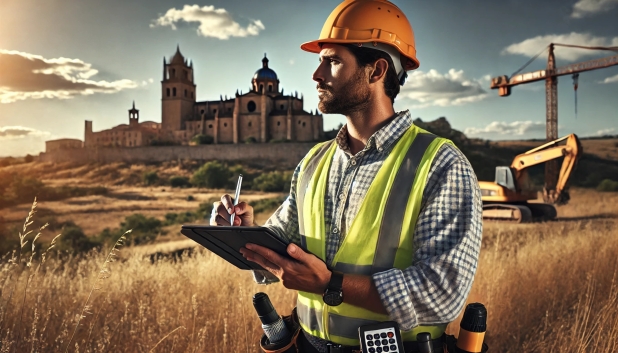 Hombre con casco y chaleco de seguridad, toma notas con un paisaje de construcción al fondo.
