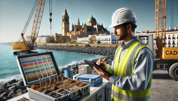 Hombre con casco y chaleco reflejando en una obra junto al mar y una ciudad histórica.