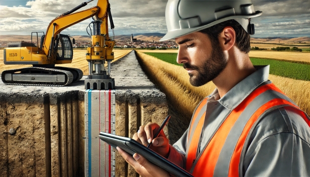 Hombre con casco y chaleco anotando, excavadora al fondo en un paisaje rural.