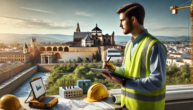 Hombre con chaleco de seguridad revisando planos en un sitio de construcción al atardecer.