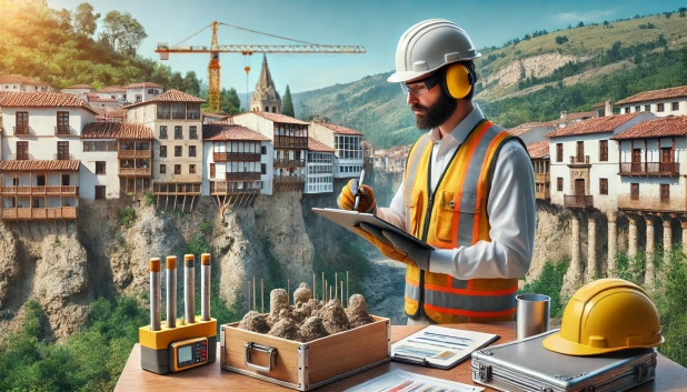 Ingeniero en casco revisando planos frente a un paisaje urbano y un acantilado.