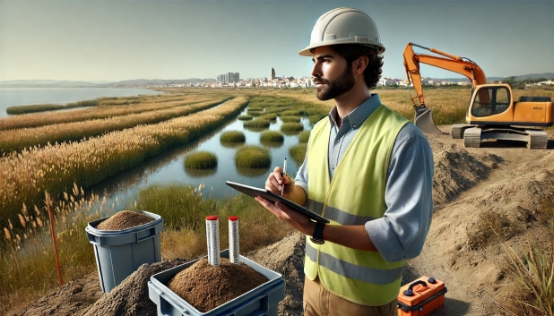 Hombre con casco y chaleco reflectante, tomando notas en un sitio de construcción cerca de un campo.