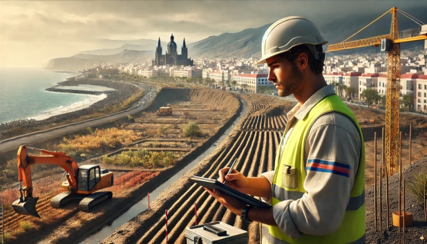 Hombre con casco y chaleco reflexivo, revisando planos en un sitio de construcción costero.