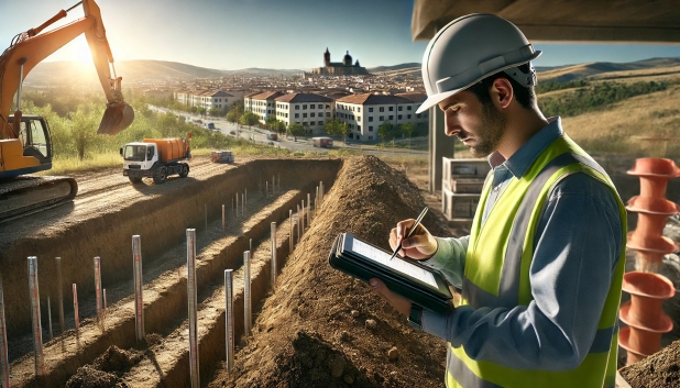 Ingeniero de construcción con casco, tomando notas junto a excavadora en un sitio de obra.