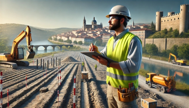 Hombre con casco y chaleco de seguridad, supervisando obras cerca de un río y una ciudad.