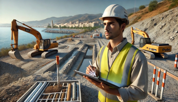 Hombre con casco y chaleco de obra, tomando notas en un sitio de construcción junto al mar.