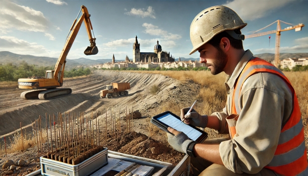 Ingeniero en obra, tomando notas en una tableta, con grúa y construcción al fondo.