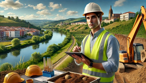 Hombre con casco y chaleco, tomando notas junto a un río y maquinaria de construcción.