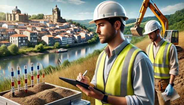 Hombres en chalecos amarillos y cascos trabajando en una excavación junto a un río.