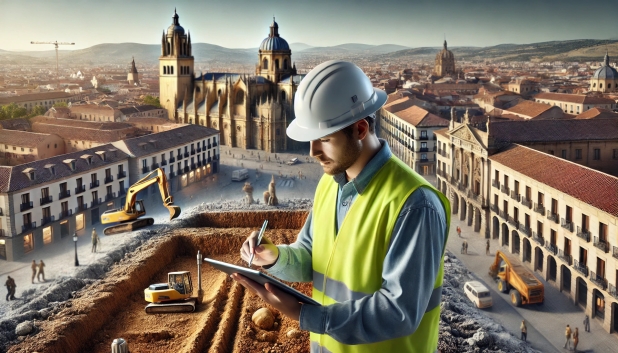 Ingeniero en casco y chaleco amarillo toma notas en una obra de construcción.