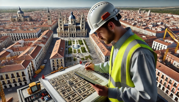 Hombre con casco y chaleco reflector revisando un plano sobre una ciudad desde altura.