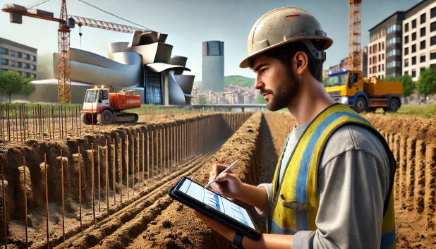 Hombre con casco y chaleco de seguridad, tomando notas en un sitio de construcción.