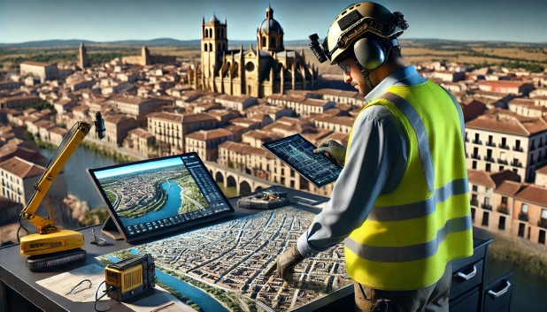Un trabajador con chaleco reflectante observa un plano de la ciudad desde un lugar elevado.