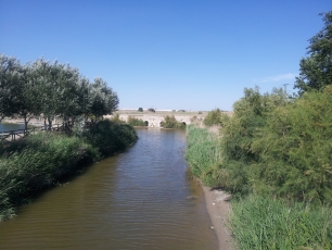 El Gigüela y el puente de Arenas de San Juan. El agua visible en el cauce no debe confundirse con la situación de las amplias llanuras de inundación que lo acompañan.