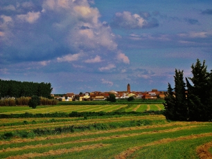 Luceni visto desde El Saso, con los campos cultivados que forman parte del paisaje local.