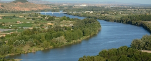 El Ebro a su paso por Tudela, entre vegetación de ribera y terrenos cultivados. La Mejana se formó por acumulación de los limos transportados por el río.
